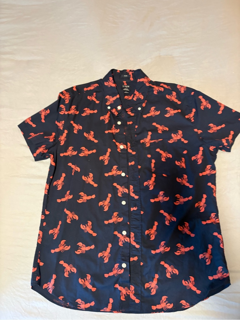 J. Crew Navy Short-Sleeve Button-Down Shirt with Red Lobster Print